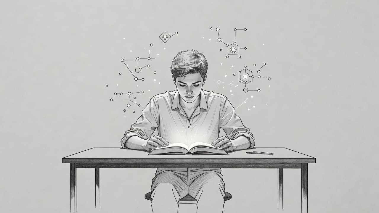 A detailed graphite drawing on gray paper captures a person reading a glowing book at a minimalist desk. Swirling digital nodes surround them, symbolizing the acquisition of modern professional skills.