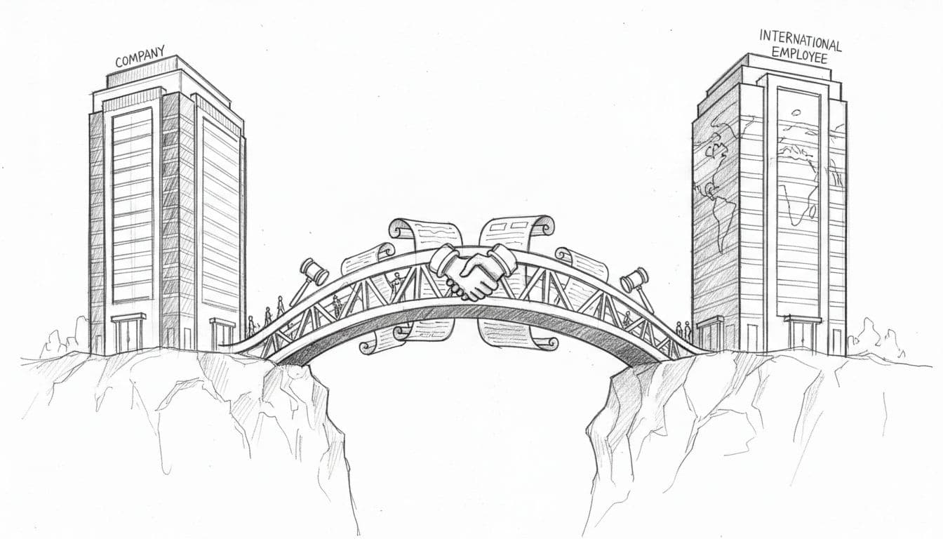 A minimalist graphite sketch displays an arched bridge connecting two distinct high-rise structures on a white background. Fine, delicate linework defines the architectural shapes and structural supports of the crossing.