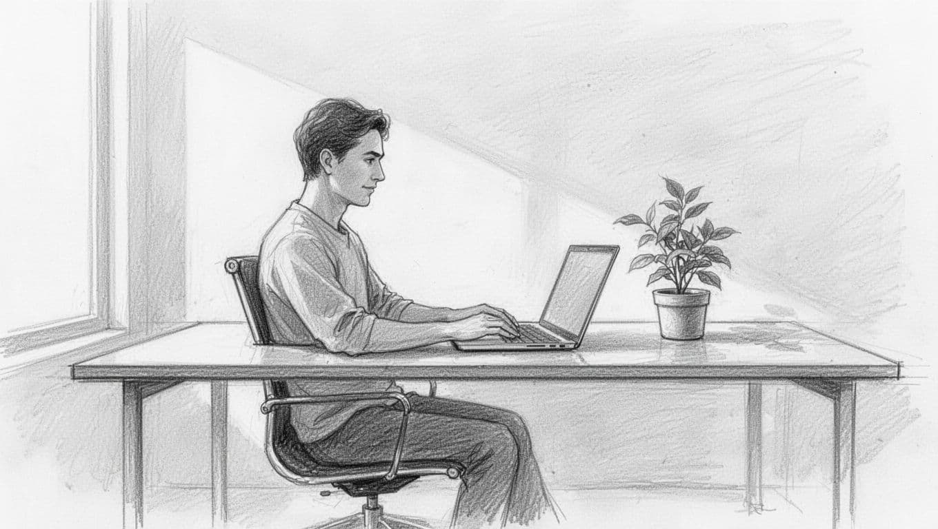 A graphite sketch shows a person sitting at a streamlined desk in a clean home environment. A lush potted plant stands beside the workspace, emphasizing a calm and flexible professional atmosphere.