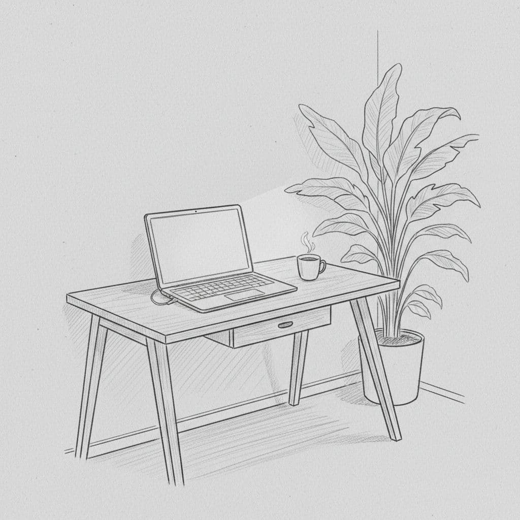 A pencil drawing on gray paper features an open laptop centered on a clean desk. A steaming coffee cup sits nearby, while a small potted plant adds greenery to the background.