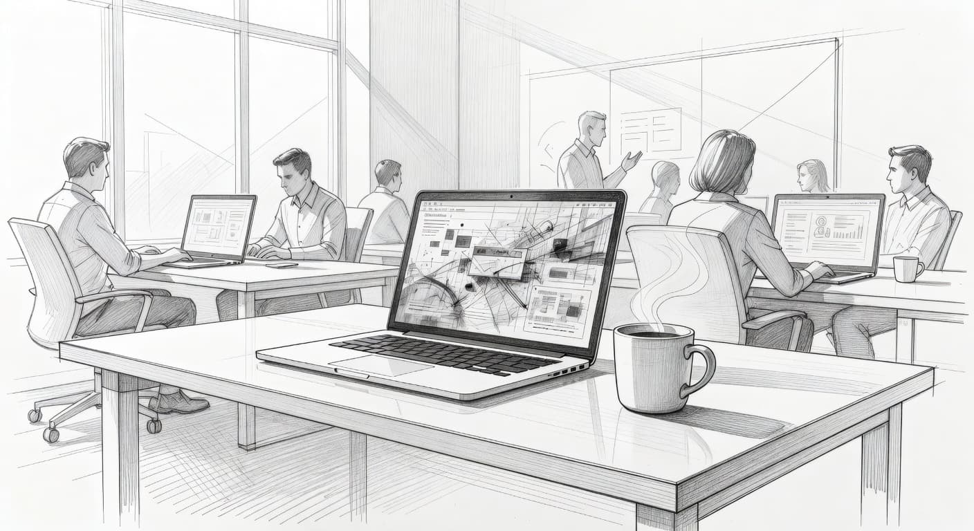 A graphite pencil sketch shows a laptop resting on a desk beside a steaming coffee cup. Elegant hand-drawn lines define the clean workspace layout on a textured white paper background.