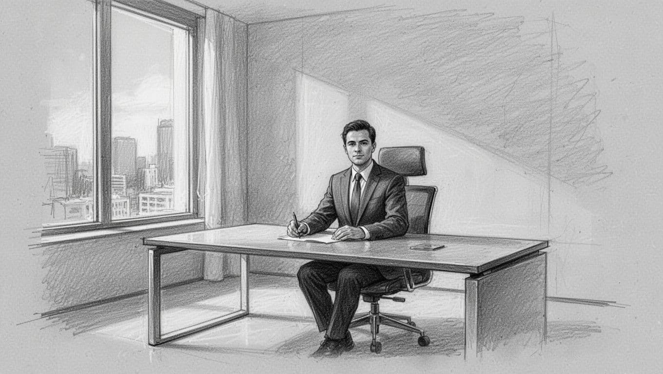 Un professionista siede a una scrivania minimalista in uno spazio di lavoro contemporaneo, rappresentato con tratti di matita color grafite su carta grigia. L'atmosfera riflette l'inizio di una nuova sfida professionale.