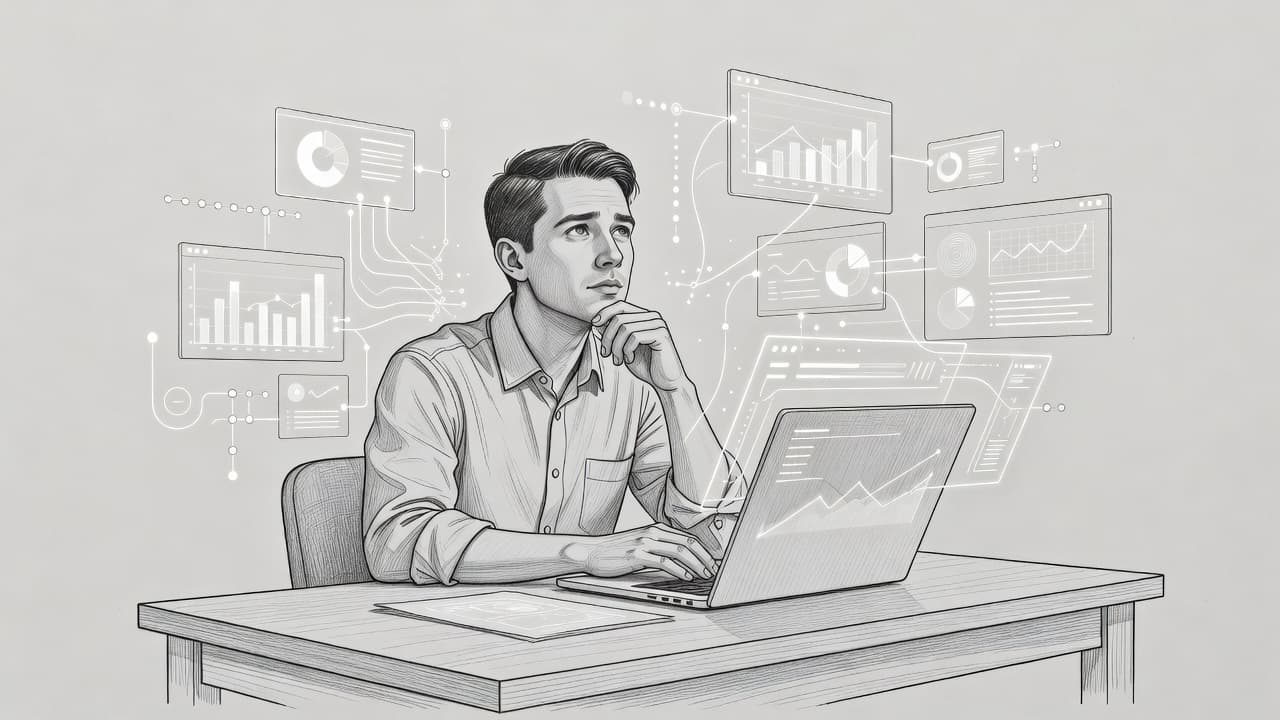 Un disegno a matita mostra una figura seduta a una scrivania che osserva flussi di dati digitali sospesi. Le linee grafite delineano grafici e icone che fluttuano sopra il portatile aperto.