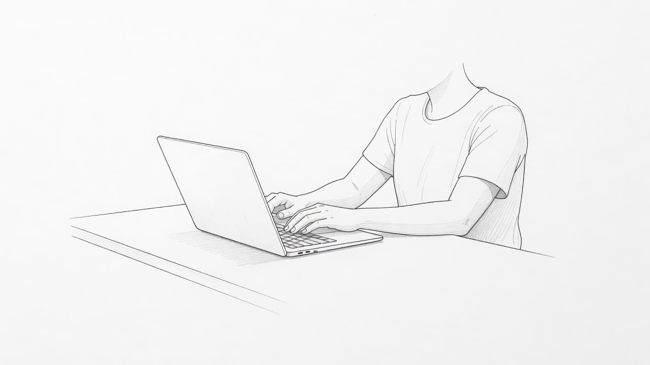 Una figura stilizzata in grafite chiude delicatamente il coperchio del computer portatile. Lo sfondo bianco pulito mette in risalto il gesto di relax e il tratto artistico del disegno a matita.