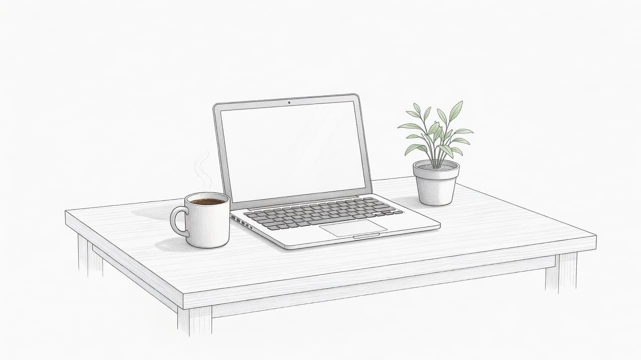 Una postazione di lavoro ordinata con un computer portatile aperto, una tazza di caffè e una pianta piccola su una scrivania in legno minimalista. Stile disegno a matita su carta chiara, linee grafite pulite, ombreggiature leggere, sfondo bianco, solo oggetti di lavoro base, nessuna persona, nessun testo.