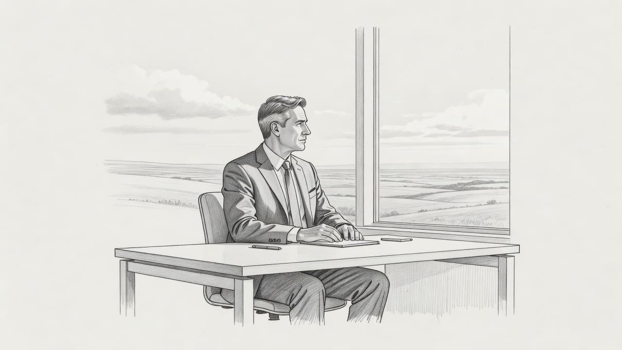 A pencil sketch shows a person sitting at a minimalist desk, gazing out a window toward an open horizon. Delicate graphite shading creates a quiet, thoughtful atmosphere on textured paper.