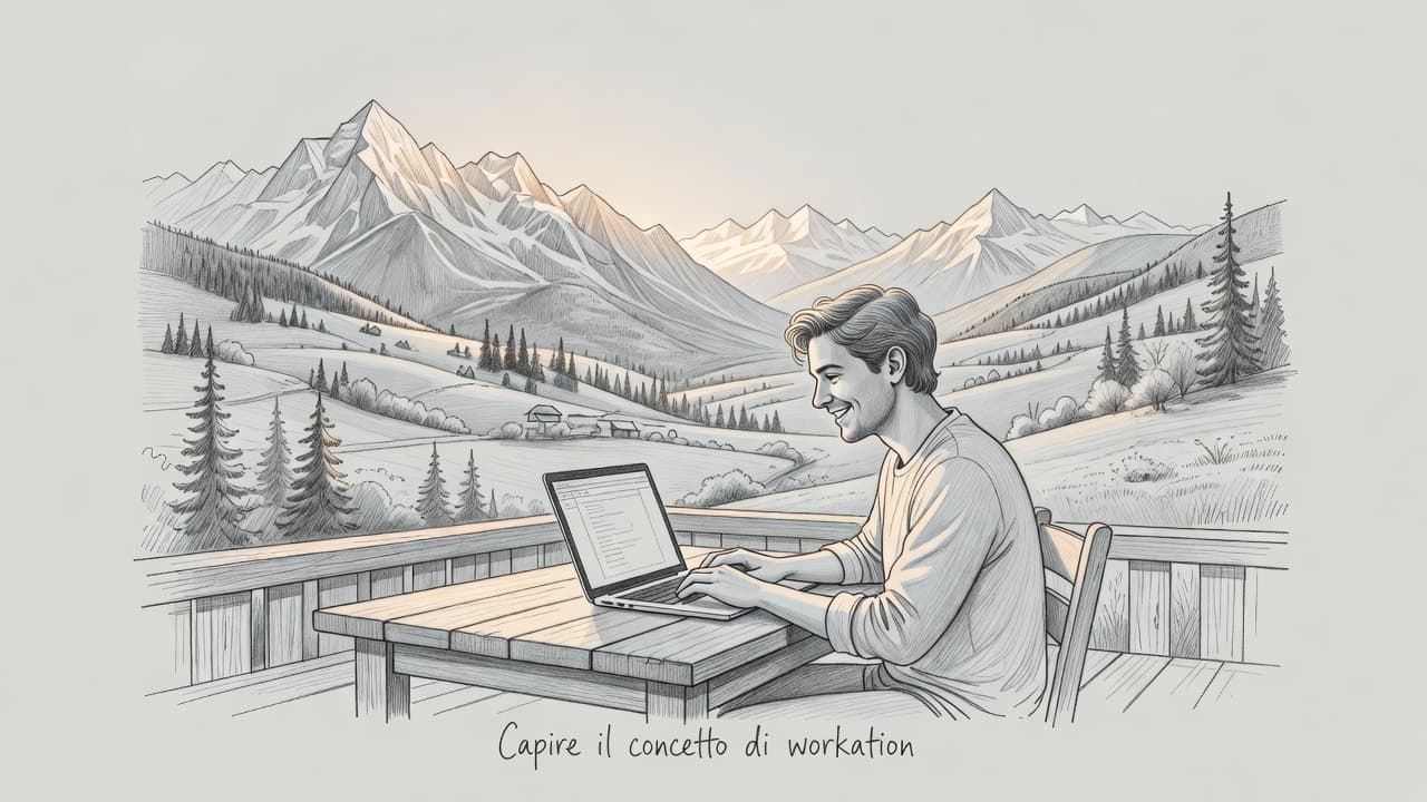 A graphite sketch depicts an individual typing on a laptop while overlooking jagged mountain peaks. Delicate pencil strokes define the rustic outdoor setting and the relaxed posture of the seated person.
