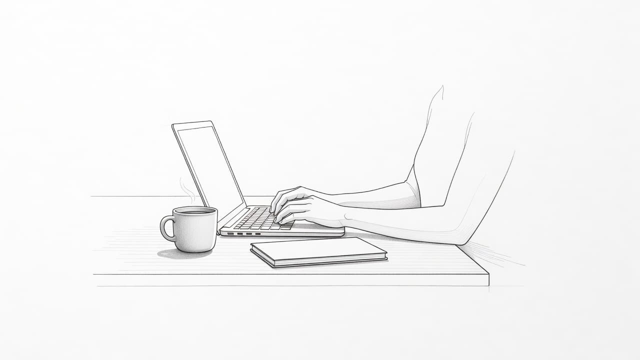 A graphite drawing on textured paper depicts a professional working on a laptop at a minimalist desk. A steaming coffee mug and an open notebook rest beside the computer setup.