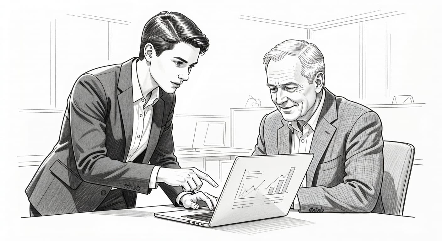 A graphite sketch depicts a young professional pointing at a laptop screen to explain digital tasks to an older colleague. They stand together in an office, engaged in collaborative knowledge sharing.