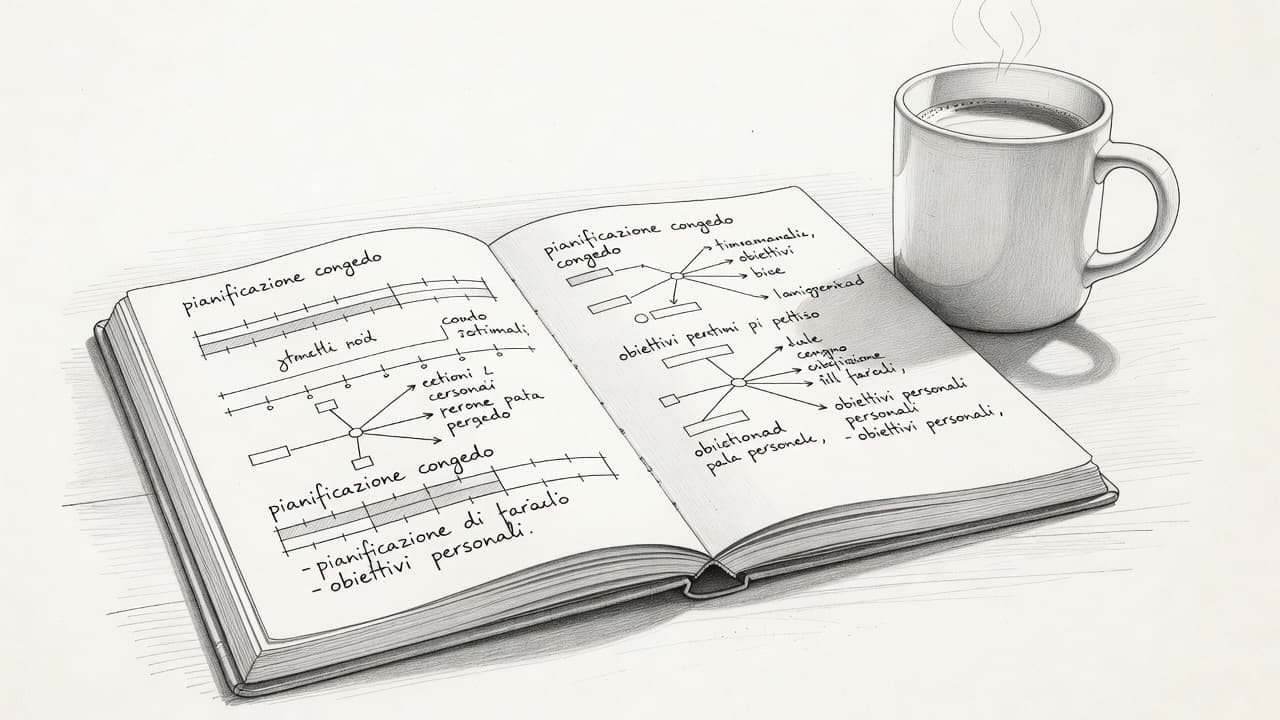An open notebook displays handwritten brainstorming notes next to a steaming cup of coffee. Graphite shading and delicate hand-drawn lines create a creative, reflective atmosphere on the textured light paper.