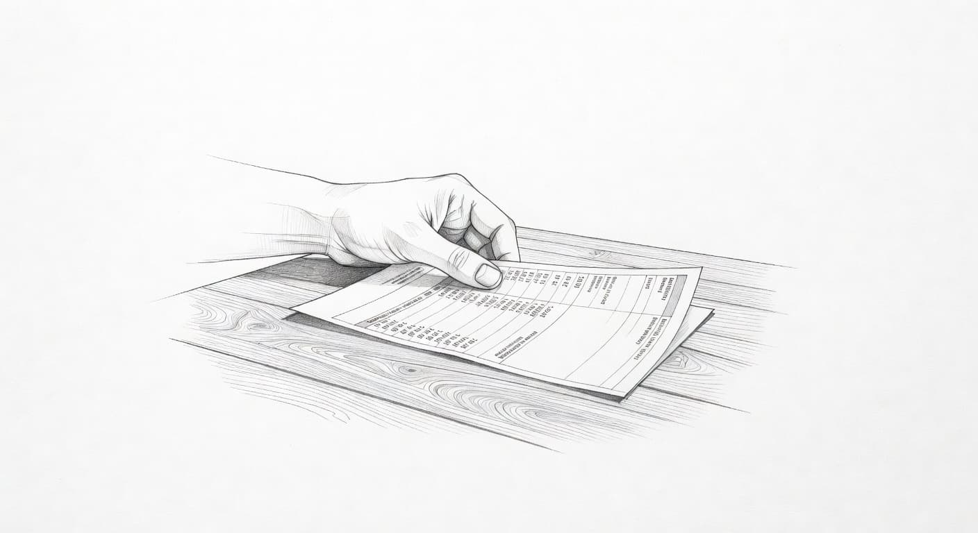 A detailed graphite sketch displays a hand holding a stylized pay slip above a wooden tabletop. The clean lines and white paper texture emphasize a professional and transparent hiring process.