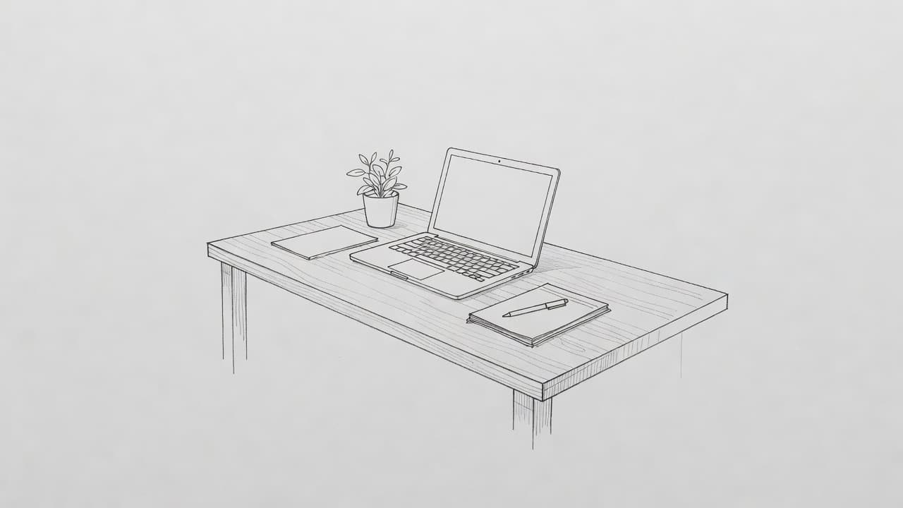 Un disegno a matita raffigura una scrivania in legno vista dall'alto, con un computer portatile, un taccuino e una pianta. Le linee grafiche definiscono uno spazio creativo su sfondo grigio chiaro.