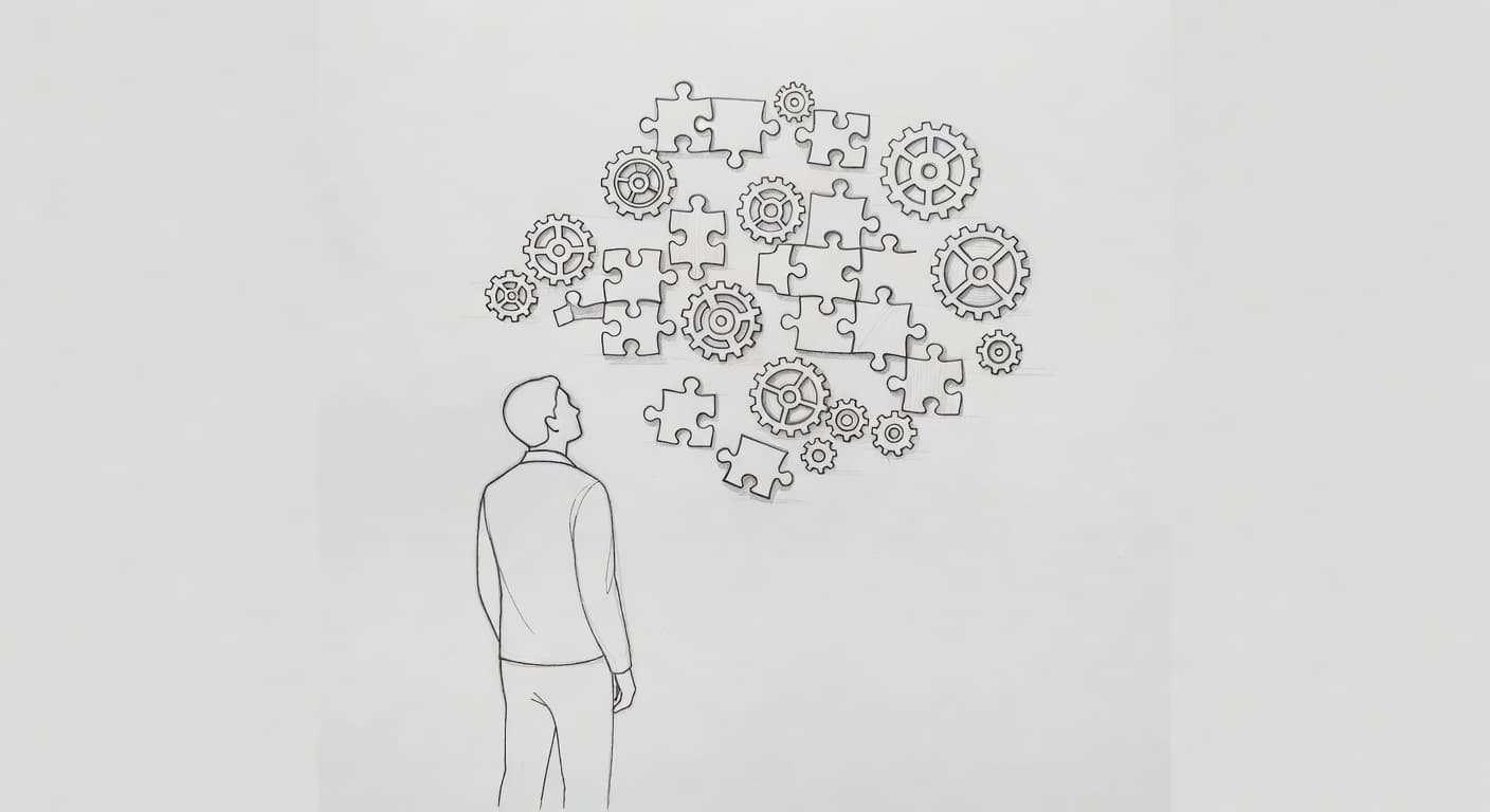 A graphite sketch on gray paper displays a silhouette observing floating gear icons and puzzle pieces. These abstract shapes represent individual abilities arranged dynamically to signify a shift from traditional resumes.