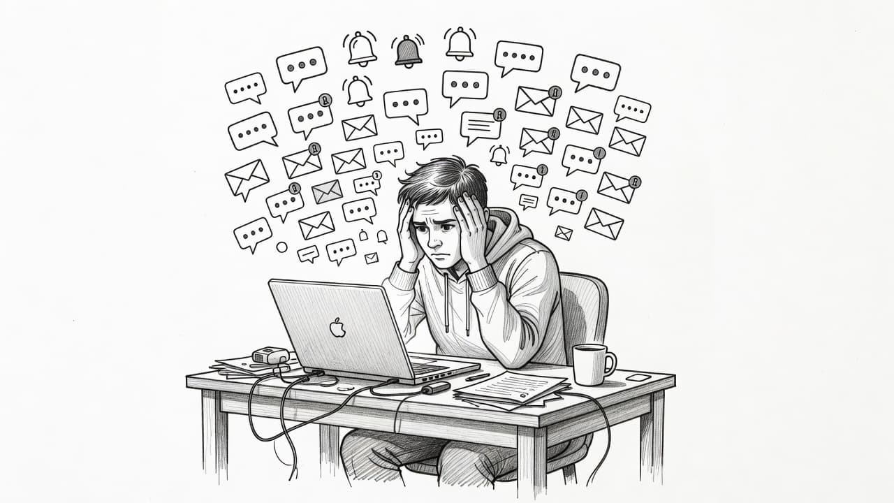 Una persona seduta a una scrivania davanti al proprio computer portatile, circondata da numerose icone di notifiche digitali fluttuanti che riempiono lo spazio circostante in un fine stile di schizzo a grafite.