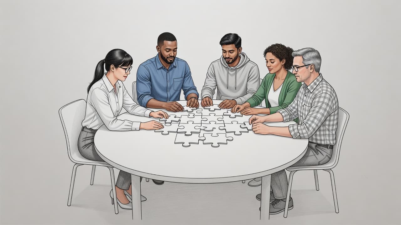 A graphite drawing on gray paper features people seated at a circular table. Each individual holds a distinct puzzle piece, symbolizing their unique contribution to the shared company profit structure.
