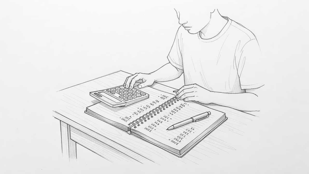 Illustrazione a matita di una calcolatrice e note numeriche su carta bianca.