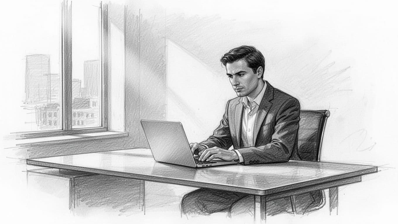 Un professionista è seduto alla scrivania davanti al proprio laptop, rappresentato con uno stile a schizzo in grafite. Lo sfondo bianco esalta il lavoro di linea dettagliato e le sfumature delicate.