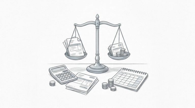 Una calcolatrice, fogli di calcolo e monete organizzate su una scrivania ordinata.
