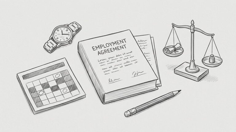 Un contratto di lavoro posizionato su una scrivania vicino a un calendario e una bilancia.
