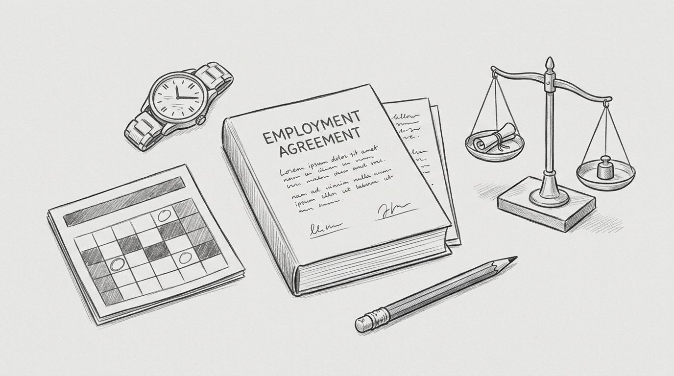 Un contratto di lavoro posizionato su una scrivania vicino a un calendario e una bilancia.