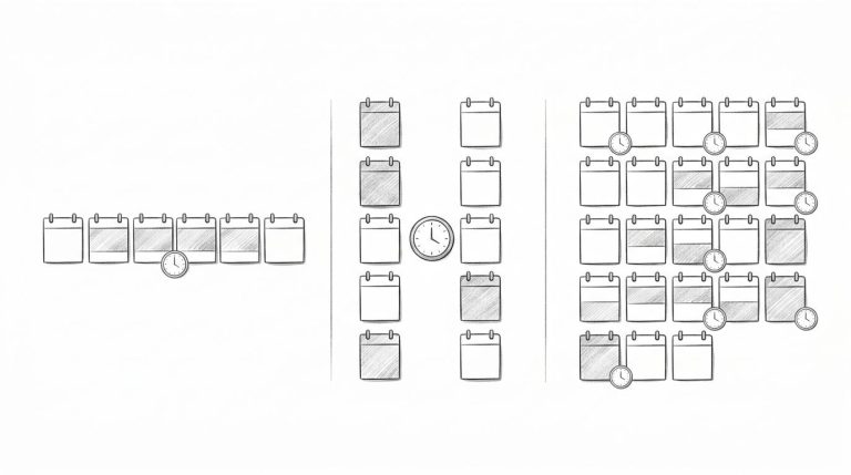 Illustrazione a matita con tre pannelli che mostrano diversi schemi di orario lavorativo.