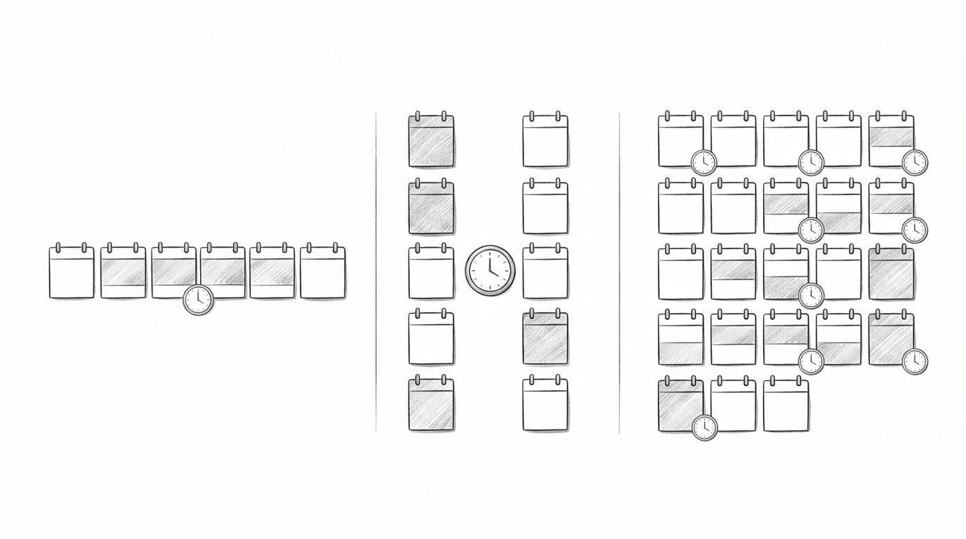 Illustrazione a matita con tre pannelli che mostrano diversi schemi di orario lavorativo.