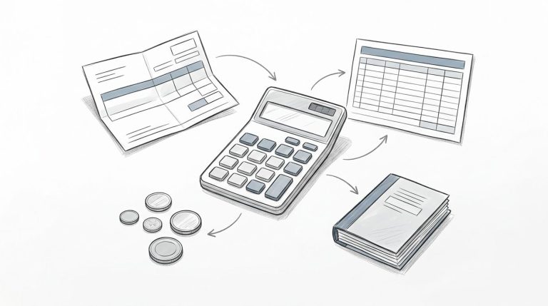 Scrivania con calcolatrice, cedolino, foglio di calcolo, monete e documenti aziendali.