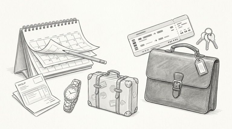 Un calendario da tavolo, una busta paga e una valigia su una scrivania disegnata a matita.