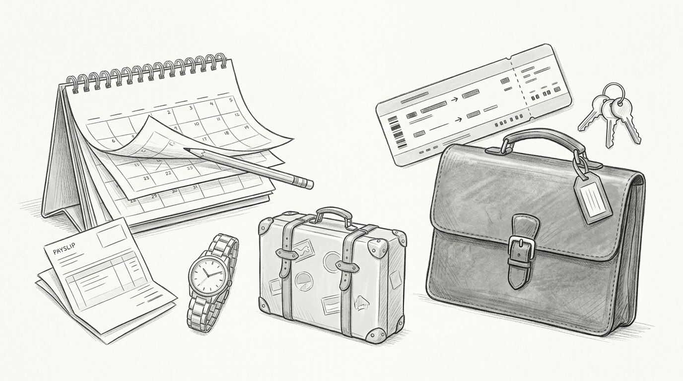 Un calendario da tavolo, una busta paga e una valigia su una scrivania disegnata a matita.