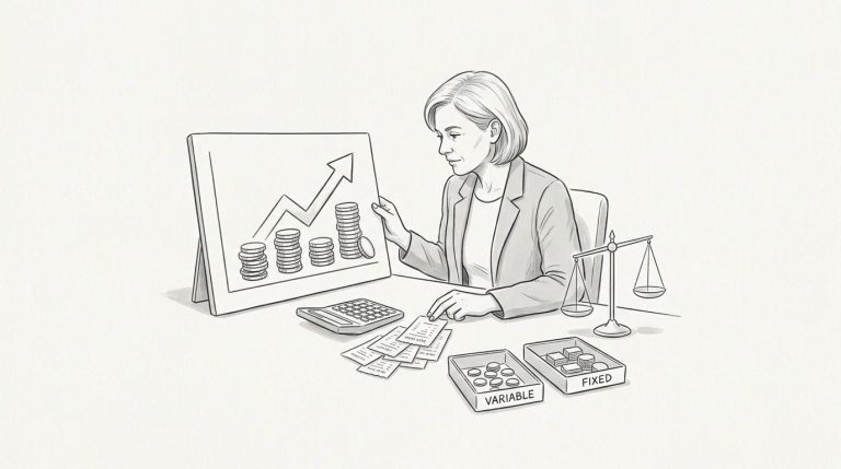Una scrivania con monete, una calcolatrice e documenti finanziari per il calcolo dei costi.