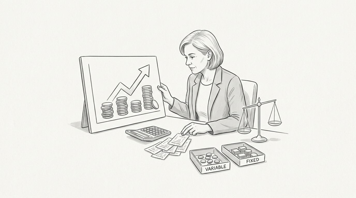 Una scrivania con monete, una calcolatrice e documenti finanziari per il calcolo dei costi.
