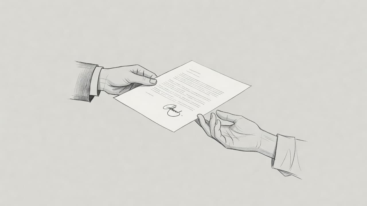 Un disegno a matita su carta grigia mostra due mani che si scambiano un documento ufficiale. Lo stile minimalista e le ombreggiature delicate enfatizzano il valore formale dell'accordo professionale rappresentato.