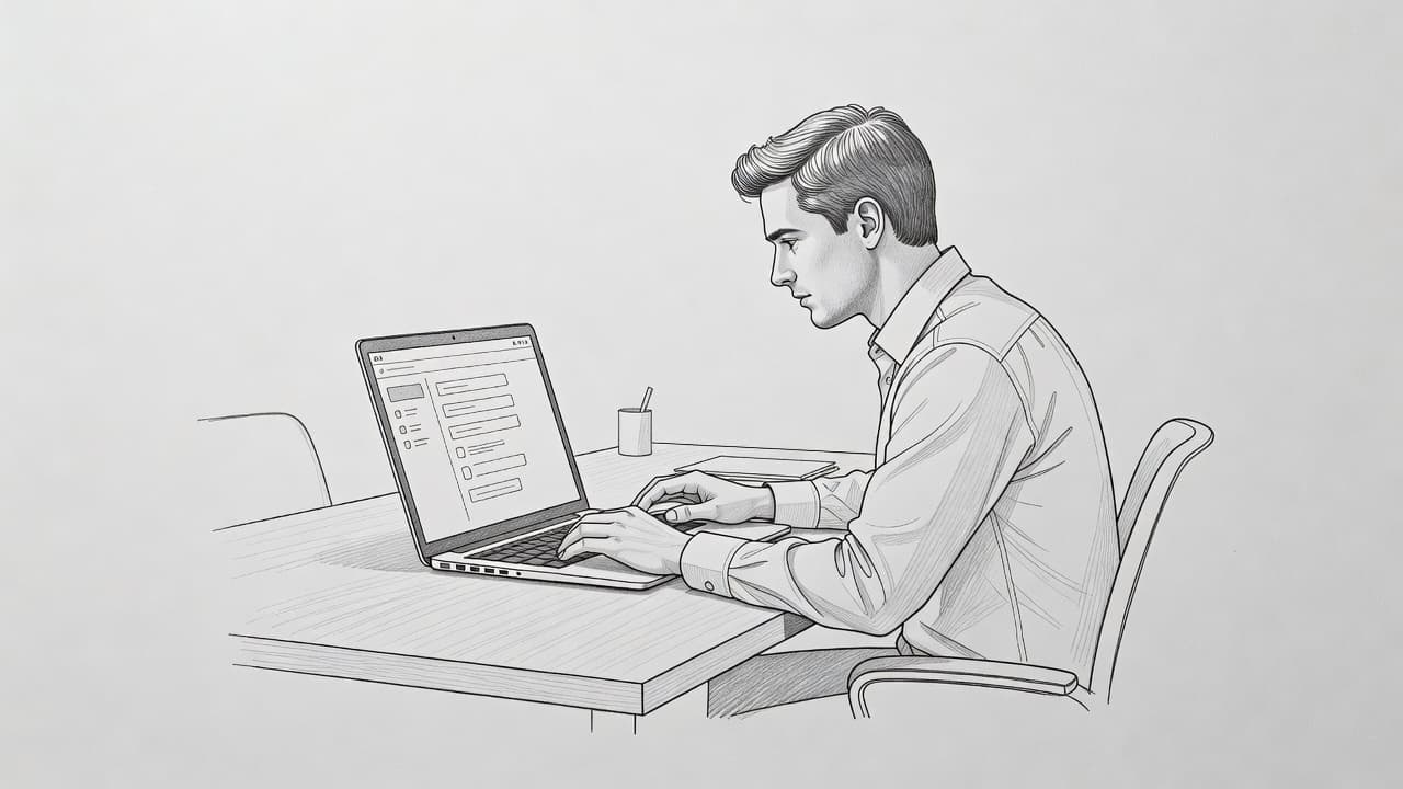 Persona che utilizza un computer portatile per una procedura online in un'illustrazione a matita.