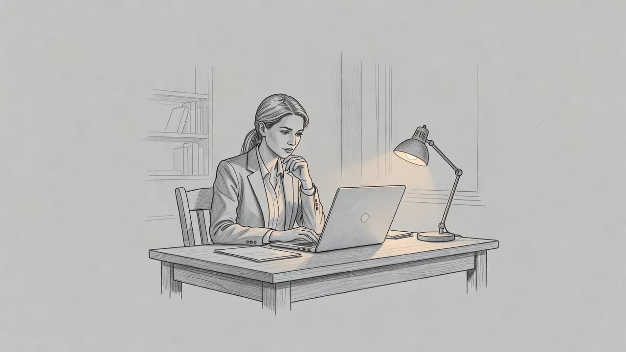 Un disegno a grafite su carta grigia ritrae una figura seduta a una scrivania con un laptop aperto. La scena comunica tranquillità professionale attraverso ombre soffuse e uno stile grafico essenziale.