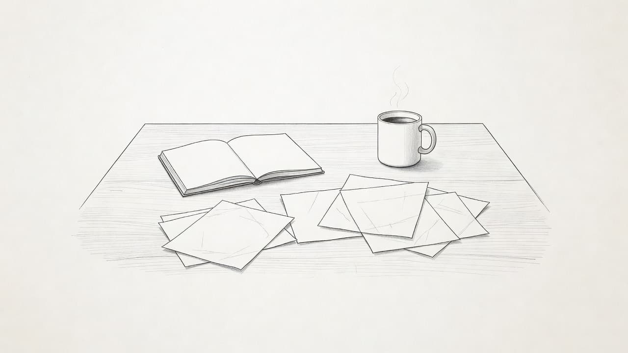 Disegno a matita di un computer e una tazza di caffè su una scrivania da lavoro.