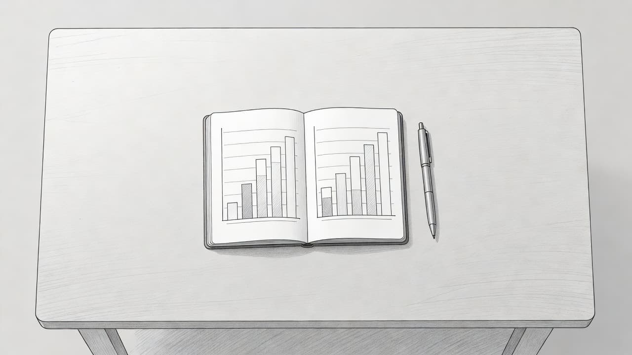 Un blocco note aperto con grafici a barre stilizzati poggia su una scrivania in stile sketch a matita. Una penna è posizionata accanto ai dati disegnati su carta grigia chiara.