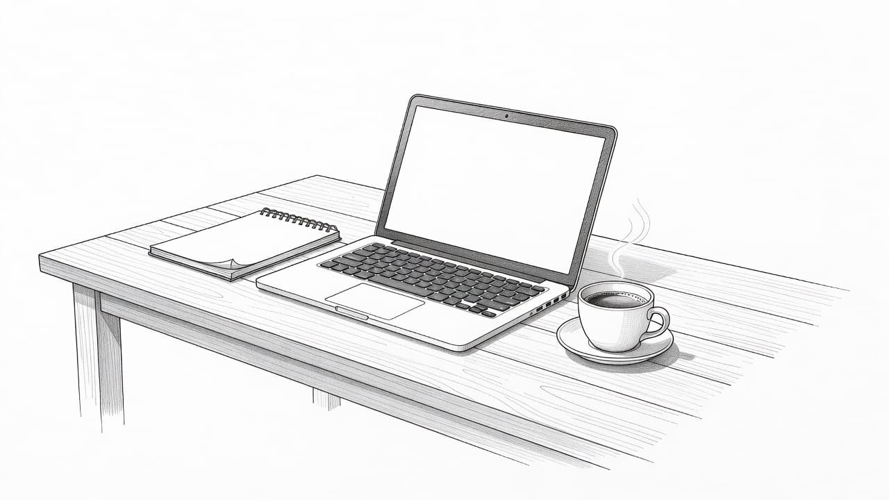 Illustrazione a matita di una scrivania con computer e caffè.