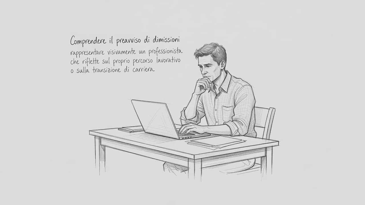 Un professionista è seduto al tavolo chino su un computer portatile con un'espressione pensierosa. Il disegno a grafite presenta linee sottili e ombreggiature leggere su un foglio di carta grigio chiaro.