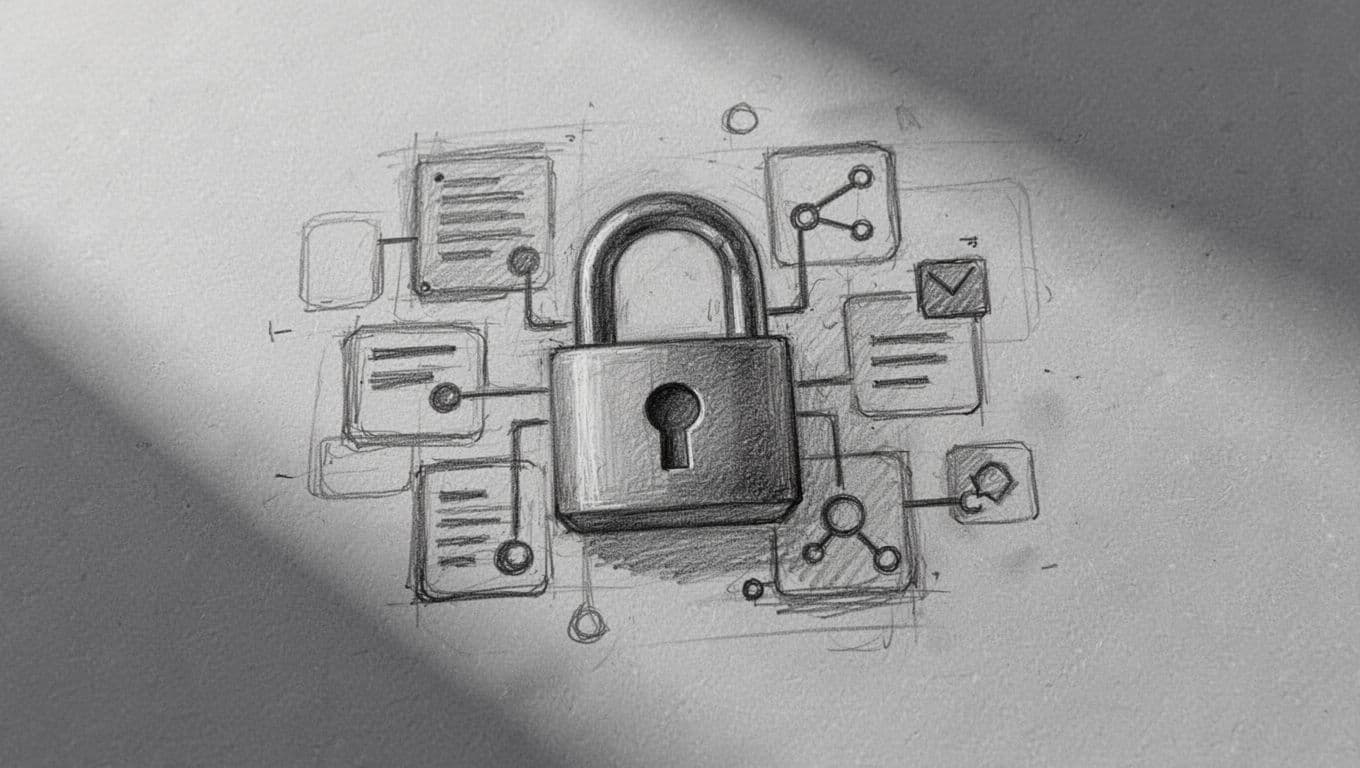 Un lucchetto stilizzato disegnato a grafite su carta grigia protegge un insieme di icone digitali astratte. Il tratto sottile evidenzia simboli di connessione e documenti in una composizione artistica minimalista e pulita.