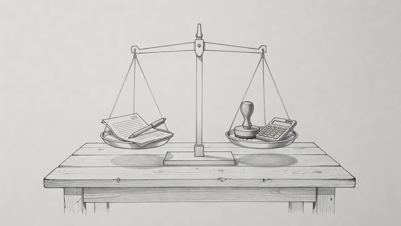 Un bozzetto a matita su carta grigia ritrae una bilancia con un documento e una penna su un piatto, contrapposti a un timbro e una calcolatrice sull'altro piatto per simboleggiare due regimi fiscali.