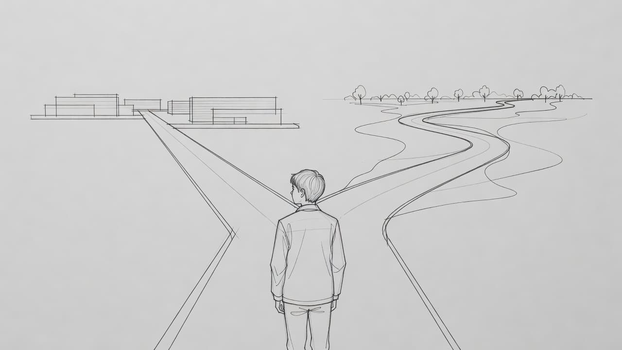Un disegno a matita su carta grigia mostra una figura giovane di fronte a un bivio. Due sentieri distinti si diramano, rappresentando la dualità tra diverse opzioni formative e opportunità lavorative future.