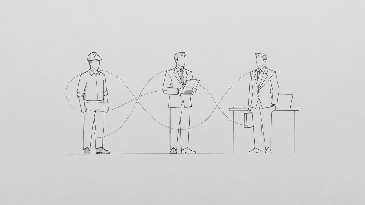 Tre figure stilizzate collegate da linee a matita che illustrano il rapporto di somministrazione lavorativa.
