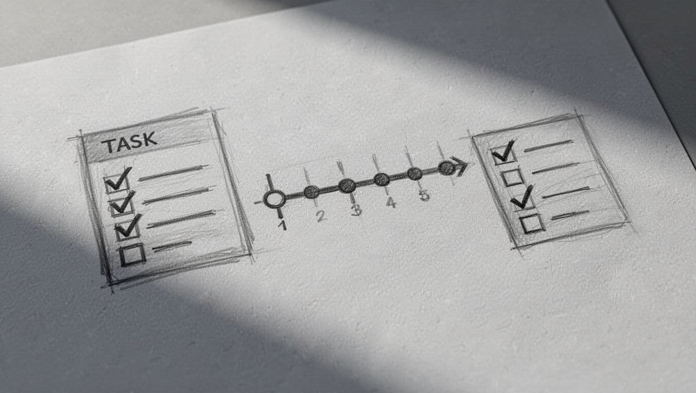 Un disegno a matita su carta grigia mostra icone stilizzate di attività, tempistiche lineari e una lista di controllo. Il tratto grafico è preciso e organizzato per definire gli obiettivi lavorativi.