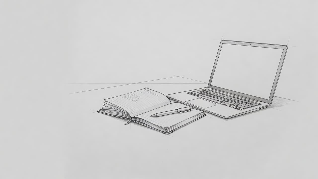 Un disegno a matita di una scrivania con laptop, taccuino e penna su carta grigia.