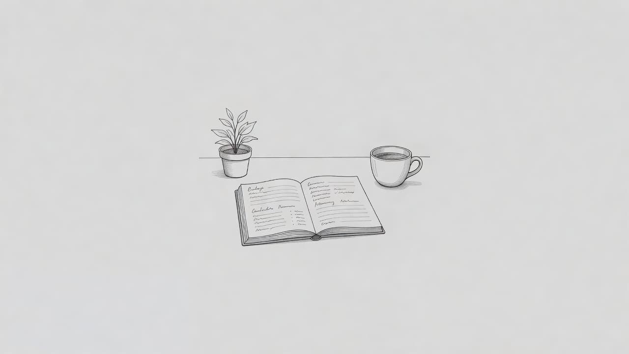 Illustrazione a matita di una scrivania con taccuino, tazza e pianta.