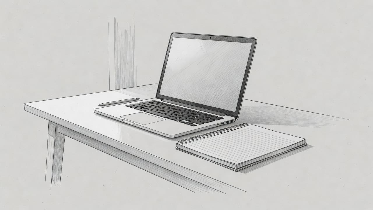 Un disegno a matita su carta grigia mostra una scrivania minimalista con un portatile e un taccuino affiancati. Lo stile grafico enfatizza la fusione tra strumenti analogici e flussi di lavoro digitali.