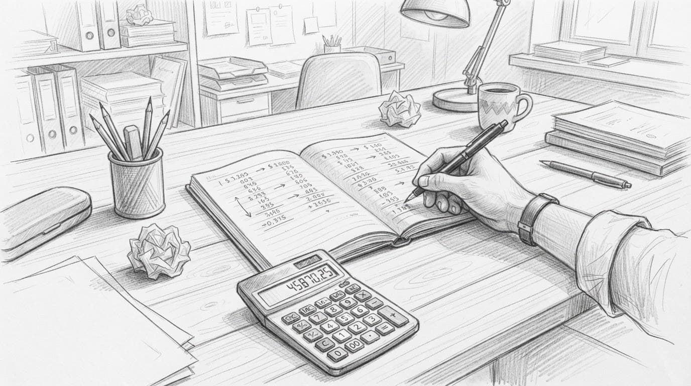 Una persona accanto a una scrivania con calcolatrice, quaderno e penna.