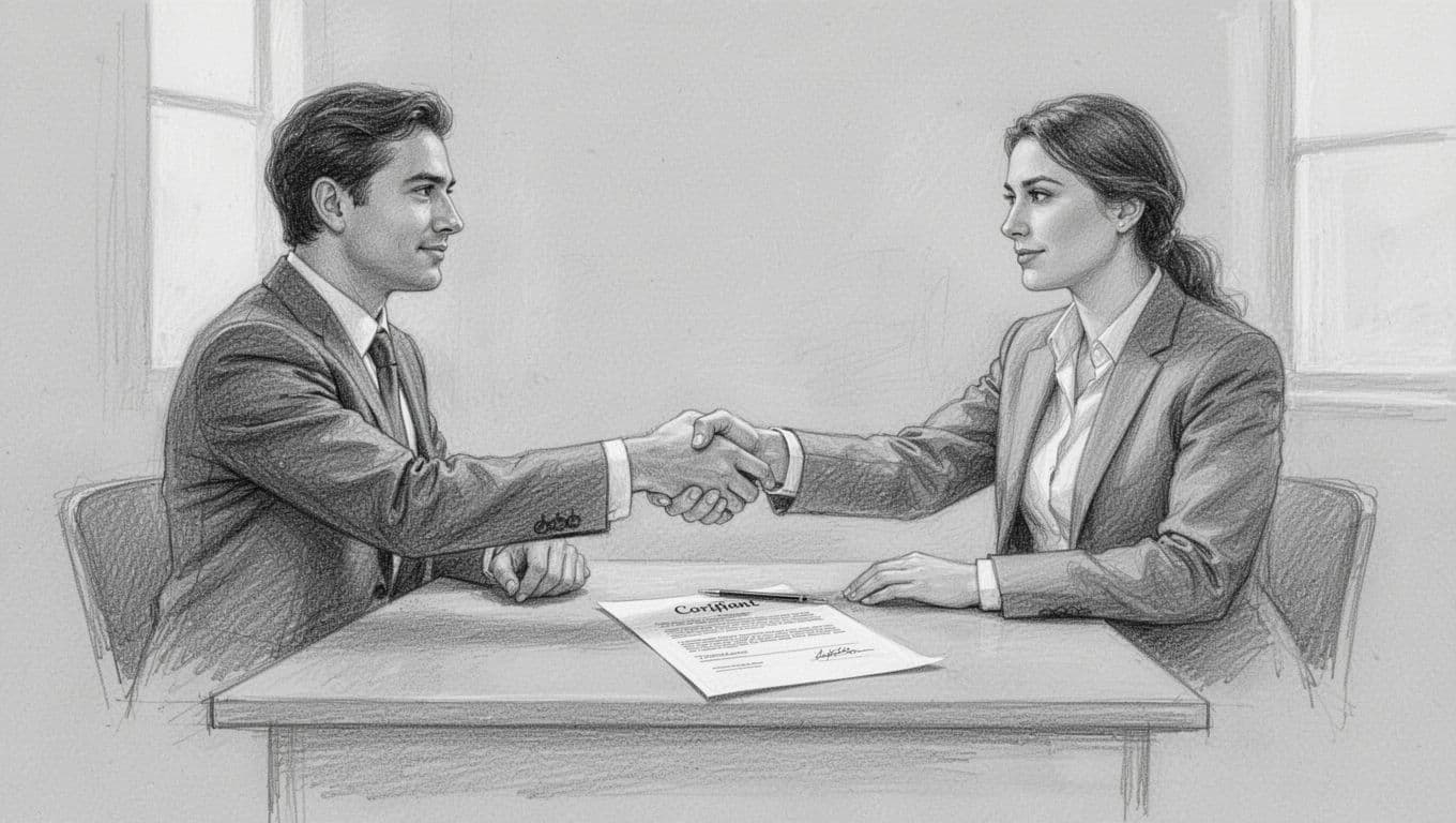 Un disegno a matita mostra due figure che si stringono la mano sopra una scrivania. Sul piano di lavoro è chiaramente visibile un documento importante, delineato con tratti grafite minimalisti e puliti.