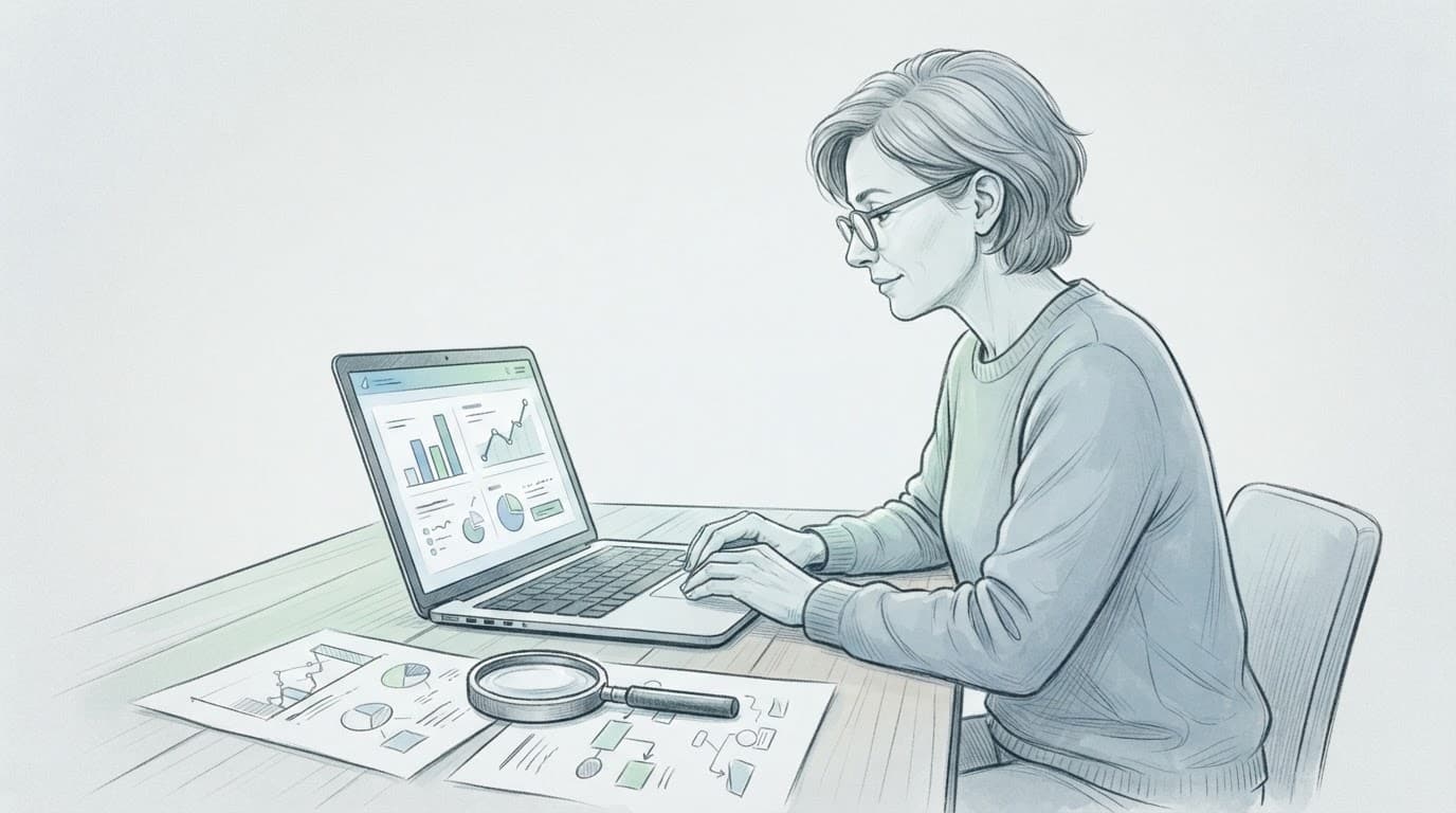 Una persona esamina un investimento davanti a un laptop, con documenti e grafici astratti sulla scrivania.