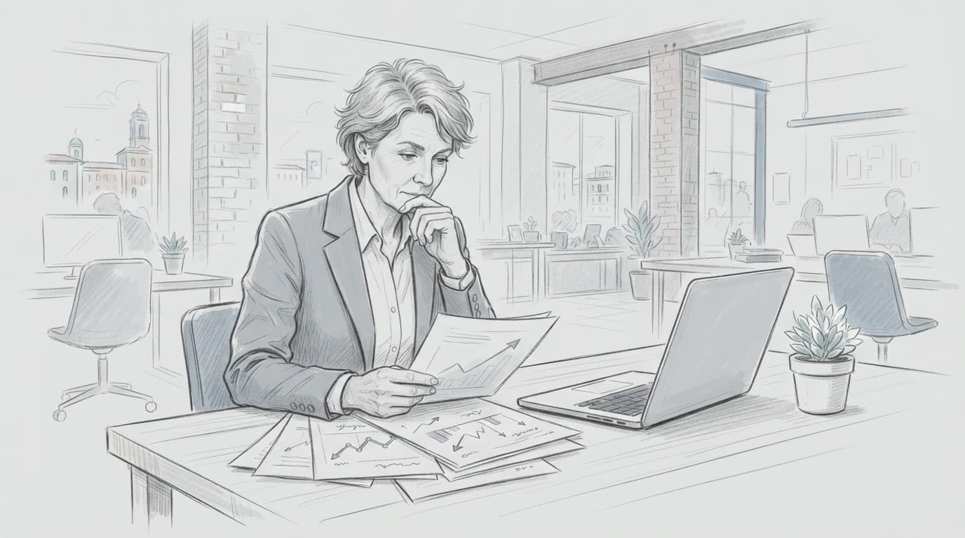 Business angel al tavolo con laptop chiuso, documenti e pianta in un coworking.